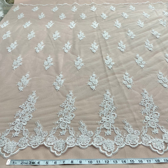 1 Yard Beaded Corded Bridal Lace Fabric Embroidered on Polyester Net Mesh 52 Inch Width