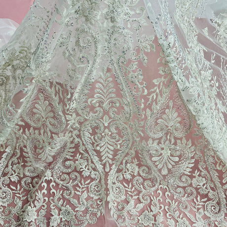1 Yard Beaded Lace Fabric Embroidered on 100% Polyester Net Mesh | Ivory