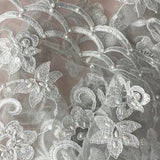 1 Yard - Beaded & Corded Bridal Fabric Lace Embroidered on 100% Polyester Net Mesh - Ivory - 54"