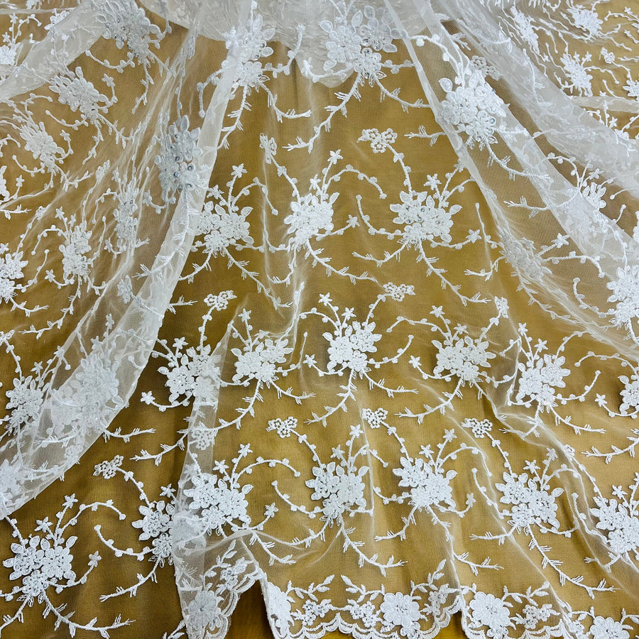 1 Yard Deluxe Beaded and Corded Bridal Lace Fabric Embroidered on Polyester Net Mesh