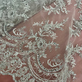 1 Yard Beaded and Corded Bridal Fabric Lace Embroidered on Polyester Net Mesh 51 inch Width