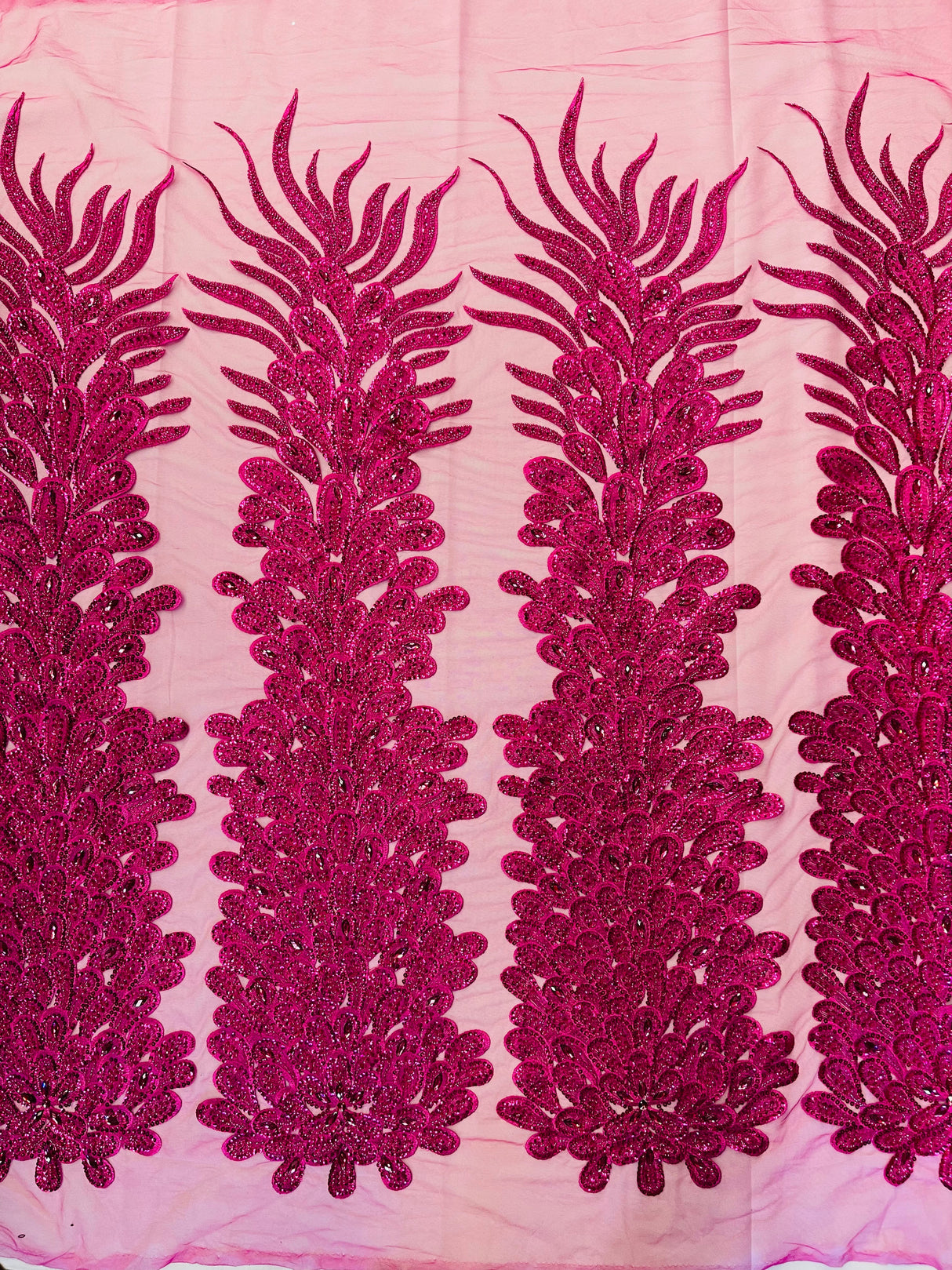 New Vegas Heavy Beaded Feather Design Embroidery Mesh Fabric - Beaded Feather Design, 11" Width, 50" Length (1 Panel)
