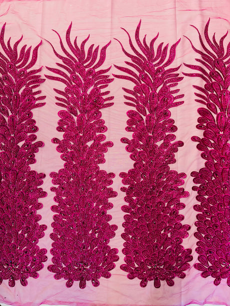 New Vegas Heavy Beaded Feather Design Embroidery Mesh Fabric - Beaded Feather Design, 11" Width, 50" Length (1 Panel)