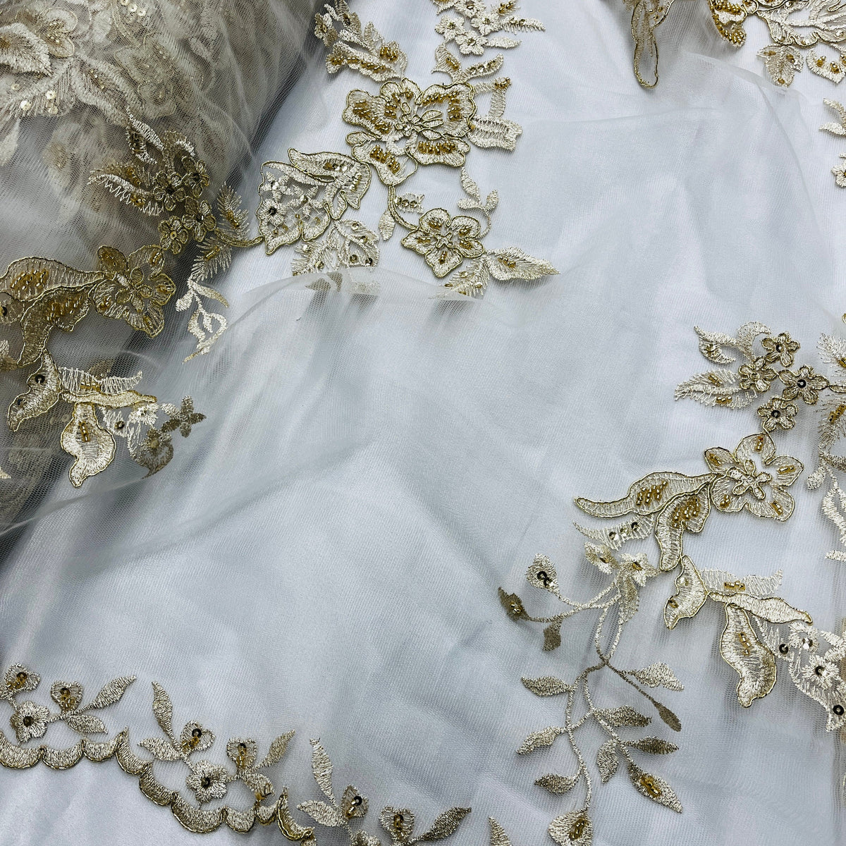 1 Yard Beaded & Corded Bridal Lace Fabric Embroidered on 100% Polyester Net Mesh 53" Wide