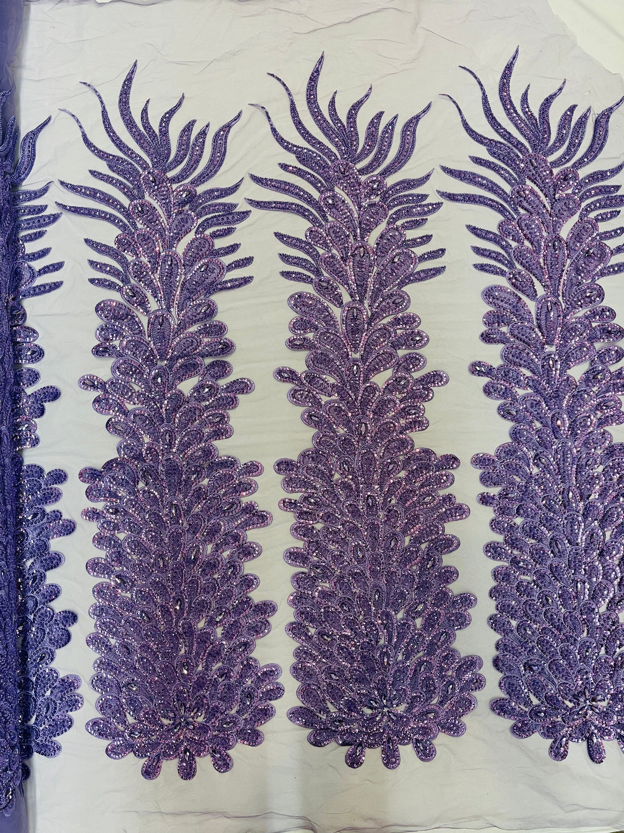 New Vegas Heavy Beaded Feather Design Embroidery Mesh Fabric - Beaded Feather Design, 11" Width, 50" Length (1 Panel)