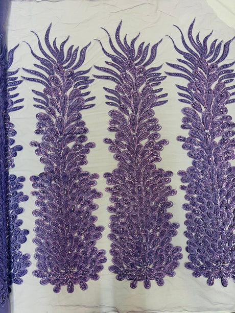 New Vegas Heavy Beaded Feather Design Embroidery Mesh Fabric - Beaded Feather Design, 11" Width, 50" Length (1 Panel)