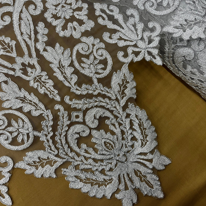 1 Yard Corded Bridal Lace Fabric Embroidered on 100% Polyester Net Mesh White