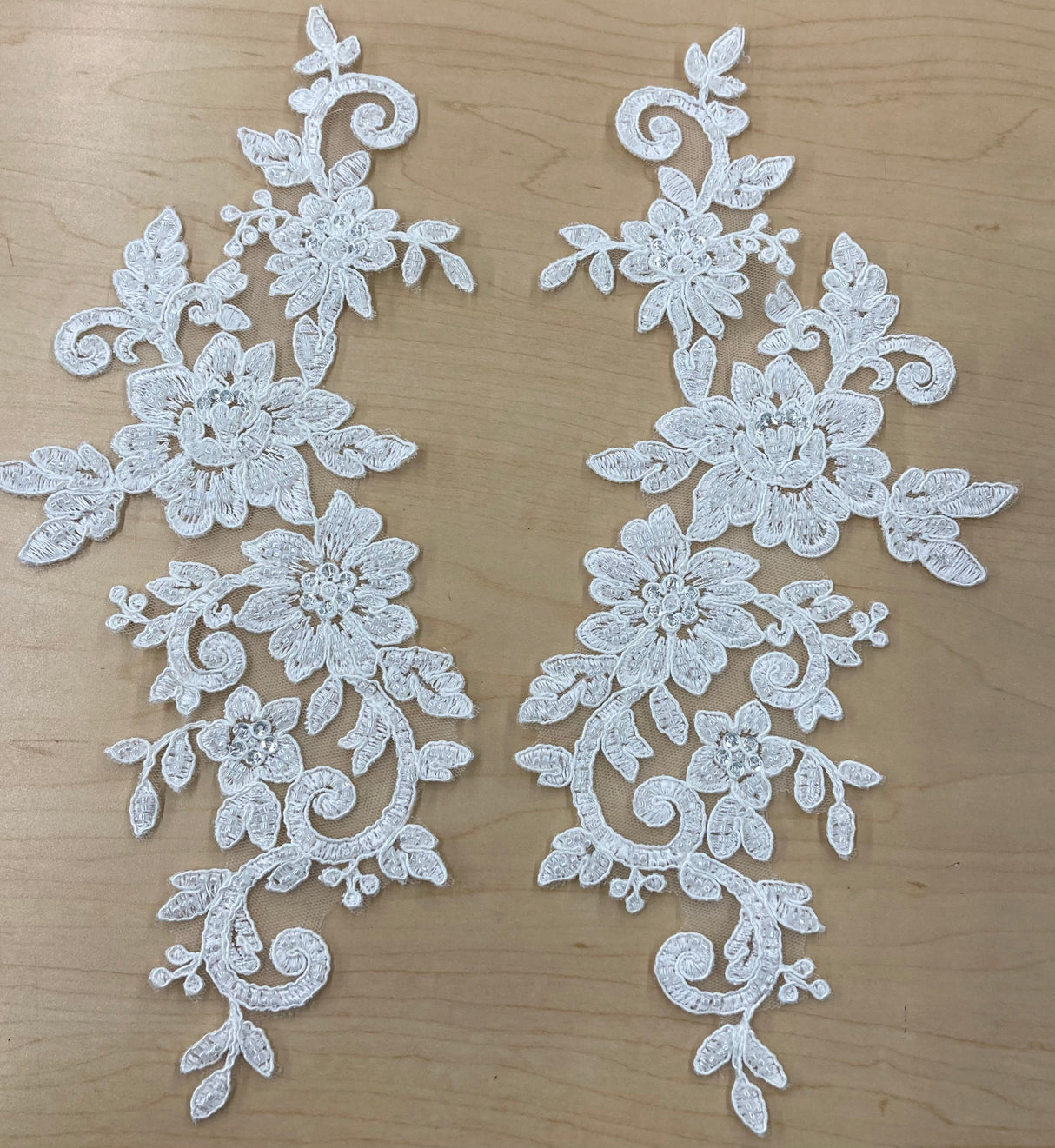 Beaded Corded Floral Lace Applique on Polyester Net Mesh