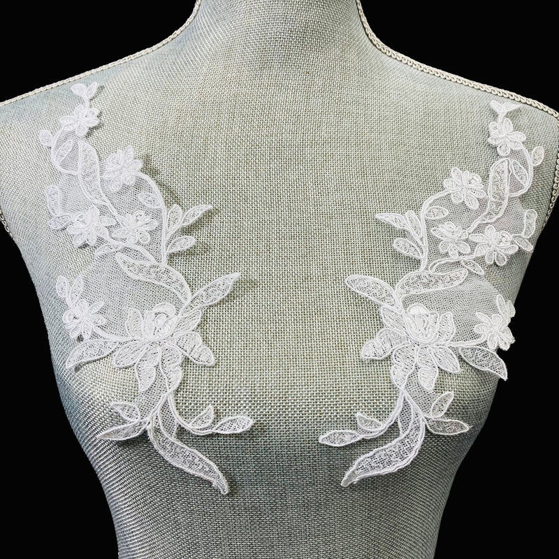 Corded Floral Applique Polyester Fabric - Ivory, White, Ivory With Silver, White With Silver, 11" X 3" (1 Pair)