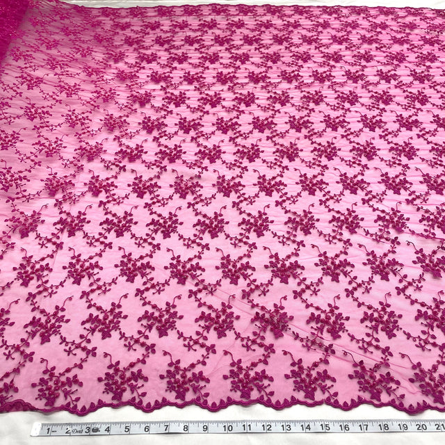 Beaded Lace Fabric Embroidered On 100 Percent Polyester Net Mesh - Fuchsia, Lime Green, Lilac, Silver, Mustard, 53" Width (1 Yard)