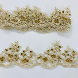 Beaded Lace Trimming Embroidered On 100 Percent Polyester Net Mesh Fabric - Gold, Silver, 3" Width (1 Yard)