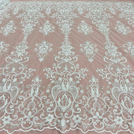 Beaded Sequined Lace Fabric - Ivory, White, 54" Width (1 Yard)