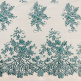 Beaded 3D Floral Lace Polyester Fabric - Jade Floral Embroidered Beaded Mesh, 52" Width (1 Yard)