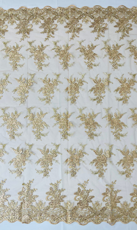 Valentina Embroider Floral Lace Polyester Fabric - Corded Floral Embroidery With Sequins, Mesh Lace, Double Scallop Edge, 50-54" Width (1 Yard)