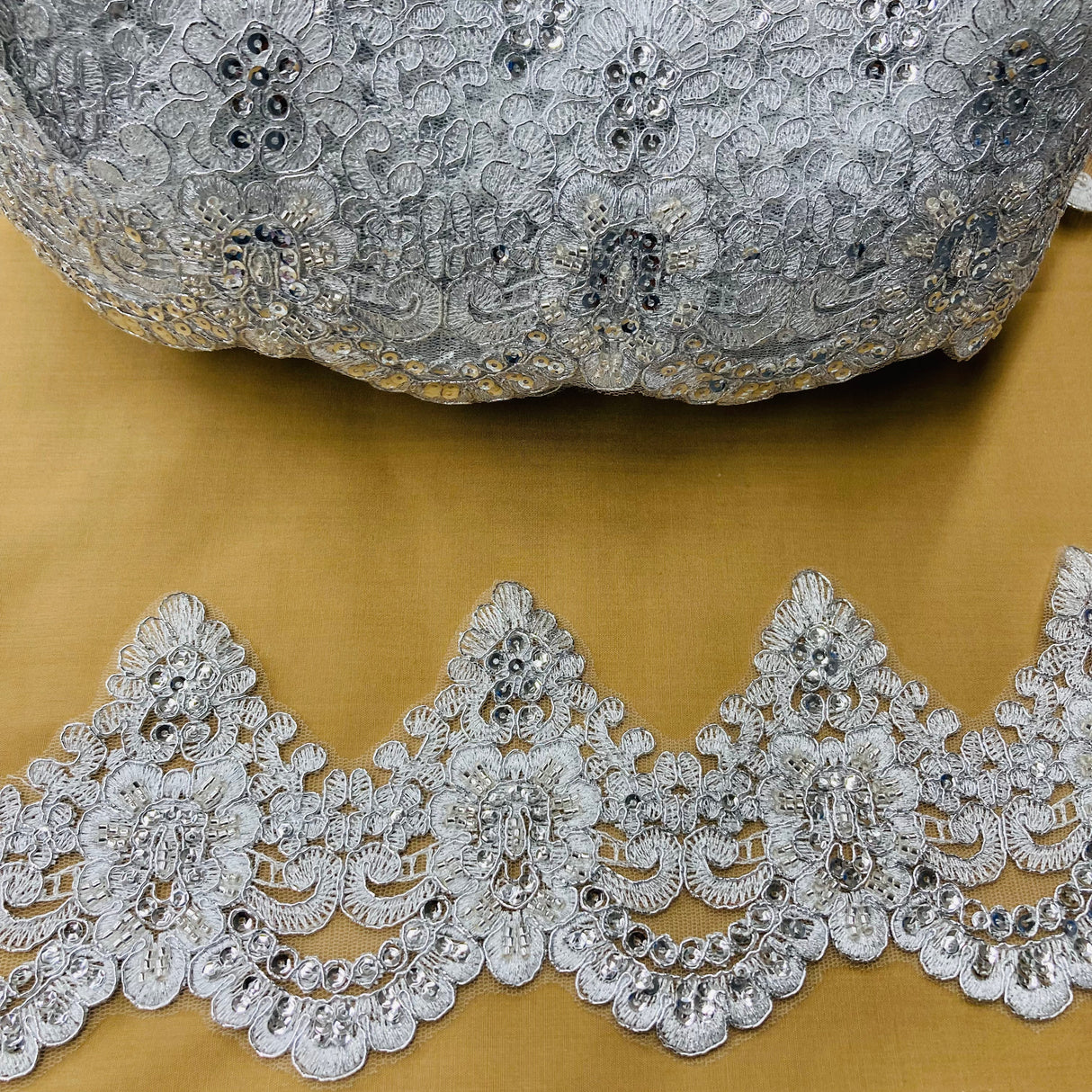 Beaded Corded Lace Trim 4.5" Polyester Net Mesh