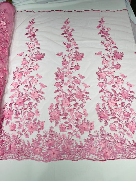 Princess 3D Floral Lace Polyester Fabric - Beaded Mesh Lace, 50" Width (1 Yard)