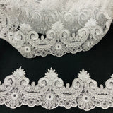 Corded Lace Trimming Embroidered On 100 Percent Polyester Net Mesh Fabric - Gold Metallic, Ivory With Silver, Ivory, Silver Metallic, White With Silver, White, 4" Width (1 Yard)