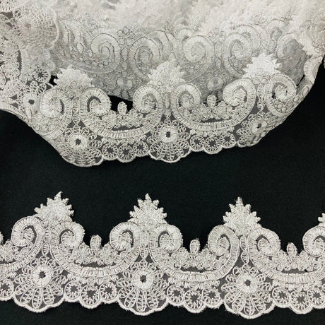 Corded Lace Trimming Embroidered On 100 Percent Polyester Net Mesh Fabric - Gold Metallic, Ivory With Silver, Ivory, Silver Metallic, White With Silver, White, 4" Width (1 Yard)