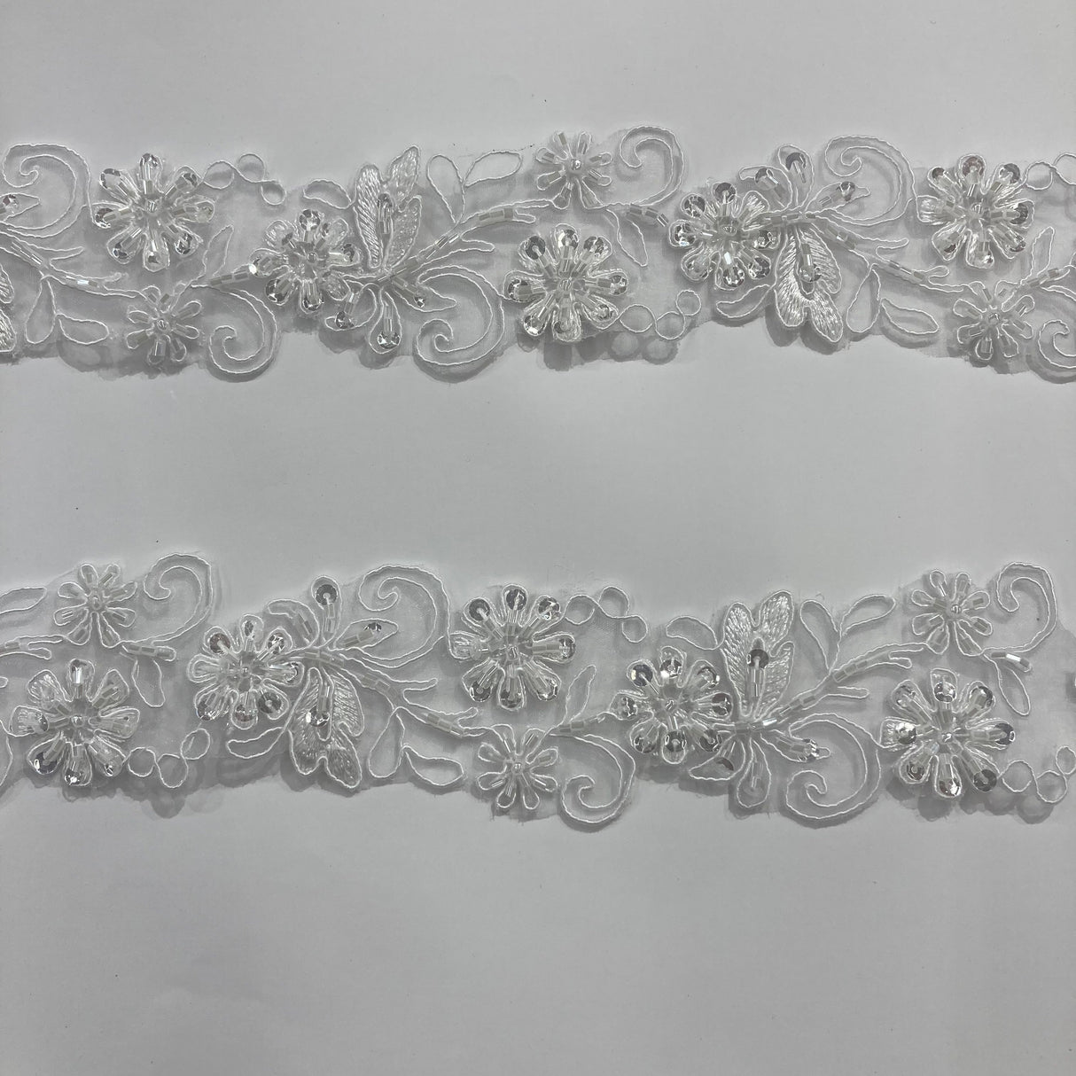 Beaded Corded Lace Trim on Polyester Organza