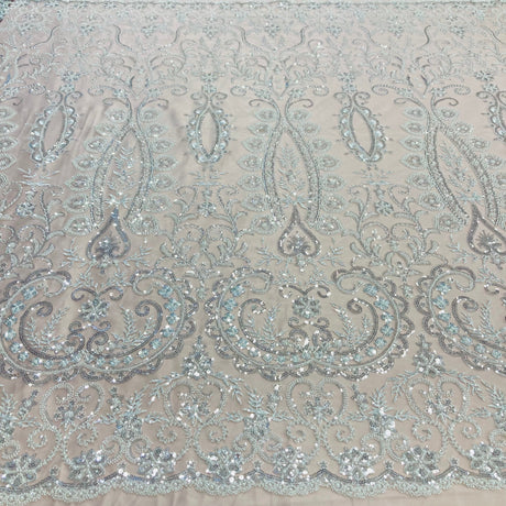 Beaded Lace Fabric Embroidered On 100 Percent Polyester Net Mesh - Gold, Silver, Ivory, White, 52" Width (1 Yard)
