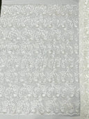 Angela Metallic Corded Lace Fabric - Embroidered Sequins Mesh Lace, Double Scallop Edge, 50-54" Width (1 Yard)