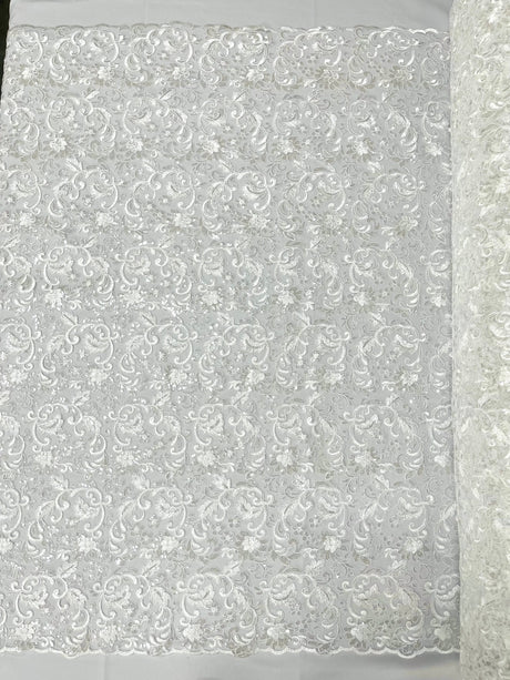 Angela Metallic Corded Lace Fabric - Embroidered Sequins Mesh Lace, Double Scallop Edge, 50-54" Width (1 Yard)