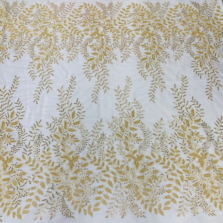 Beaded Sequined Lace Fabric - Embroidered 100 Percent Polyester Net Mesh, Silver, Gold, Ivory, White, Rose Gold, 52" Width (1 Yard)