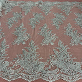 Beaded Corded Bridal Lace Fabric - Embroidered Polyester Net Mesh, 50" Width, Gold, Silver, Ivory, White (1 Yard)