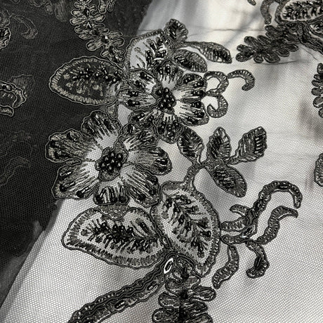 Beaded Corded Lace Fabric on Polyester Net Mesh