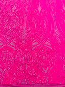 Feather Damask Shiny Sequin Design 4 Way Stretch Mesh Fabric - Iridescent Sequin Embroidered Mesh, 48-50" Width, 36" Length (1 Yard)