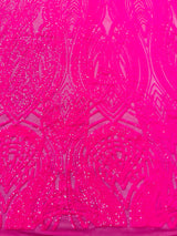 Feather Damask Shiny Sequin Design 4 Way Stretch Mesh Fabric - Iridescent Sequin Embroidered Mesh, 48-50" Width, 36" Length (1 Yard)