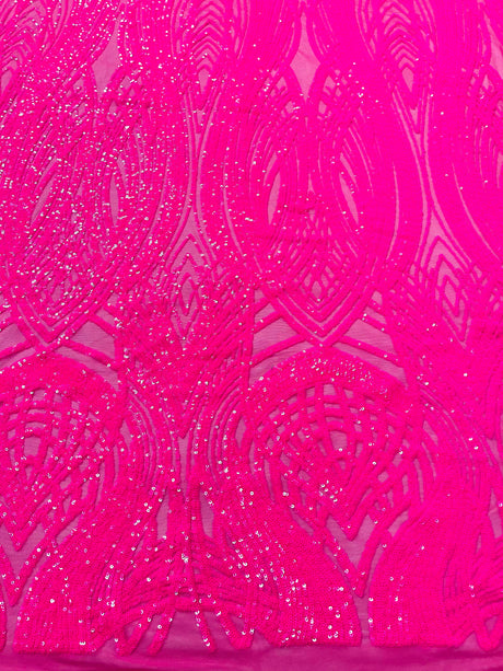 Feather Damask Shiny Sequin Design 4 Way Stretch Mesh Fabric - Iridescent Sequin Embroidered Mesh, 48-50" Width, 36" Length (1 Yard)