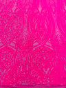 Feather Damask Shiny Sequin Design 4 Way Stretch Mesh Fabric - Iridescent Sequin Embroidered Mesh, 48-50" Width, 36" Length (1 Yard)
