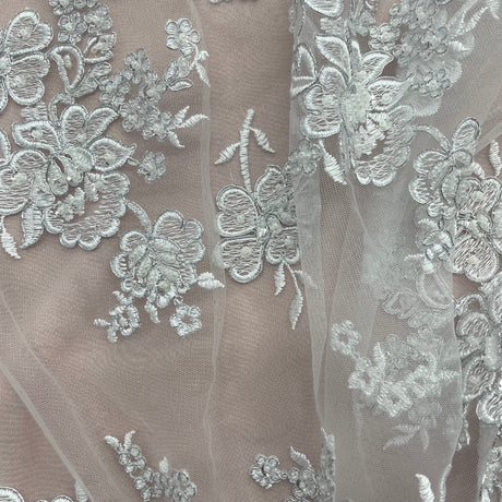 Beaded Lace Fabric Embroidered On 100 Percent Polyester Net Mesh - Ivory With Silver, White With Silver, 54" Width (1 Yard)