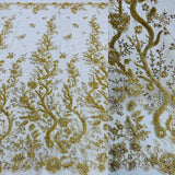 Beaded Corded Bridal Lace Fabric - Gold, Ivory, Silver, White, Embroidered On 100 Percent Polyester Net Mesh, 56" Wide (1 Yard)