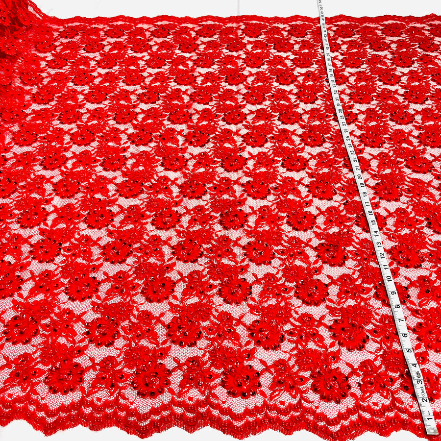 1 Yard Elegant Beaded and Corded Lace Fabric Embroidered on 100% Polyester Net Mesh White