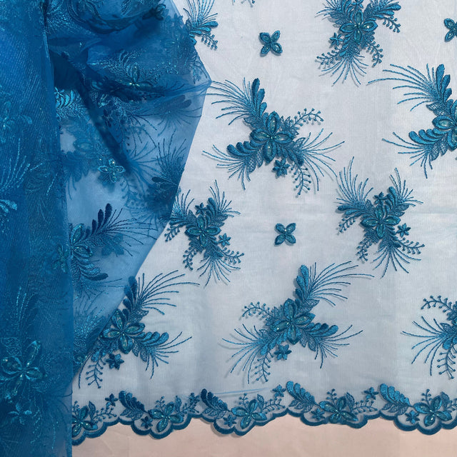 Beaded Lace Fabric on Polyester Net Mesh