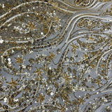 Beaded Lace Fabric Embroidered On 100 Percent Polyester Net Mesh - Gold, Silver, 54" Width (1 Yard)