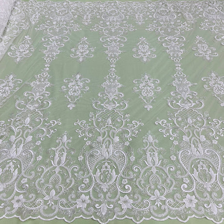 1 Yard Beaded and Sequined Lace Fabric Embroidered on Polyester Net Mesh White and Ivory