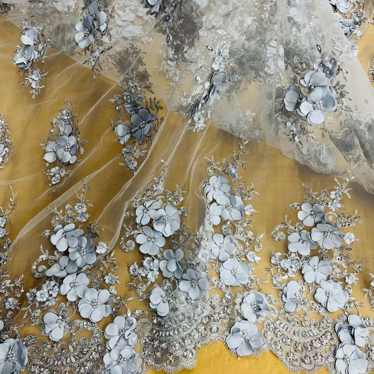 Beaded 3D Floral Lace Fabric