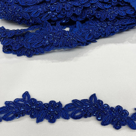 Beaded & Corded Lace Trimming Embroidered On 100% Polyester Net Fabric - 1.5" Width, Multiple Colors (1 Yard)