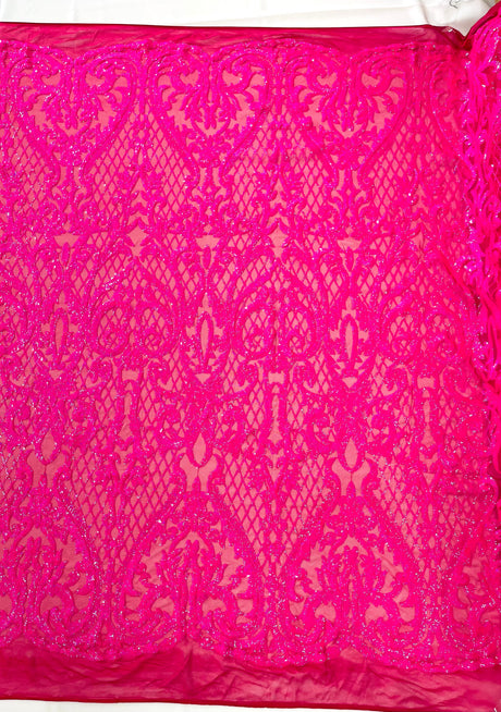 Heart Sequin Damask Polyester Fabric - Heart Damask, Iridescent Sequins, 54" Width (1 Yard)