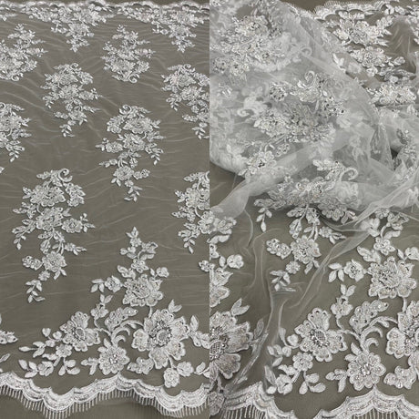 Beaded Corded Bridal Lace Fabric - Embroidered White, Ivory, Gold, Silver, Hunter Green, Rose Gold, 51" Width (1 Yard)