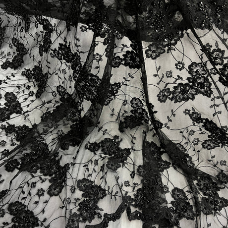 Beaded Corded Lace Fabric on Polyester Net Mesh