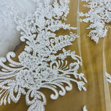 Beaded Corded Bridal Lace Fabric - Embroidered Polyester Net Mesh, 50" Width, Gold, Silver, Ivory, White (1 Yard)
