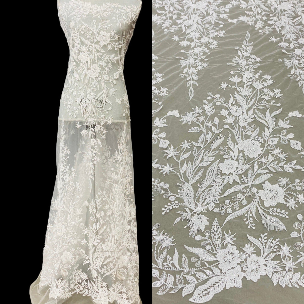 Beaded Lace Fabric on Polyester Net Mesh