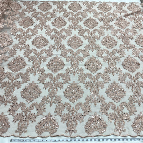 Beaded Lace Fabric Embroidered On 100 Percent Polyester Net Mesh - Beaded, Sequin, And Pearl Embellishment, 56" Width (1 Yard)