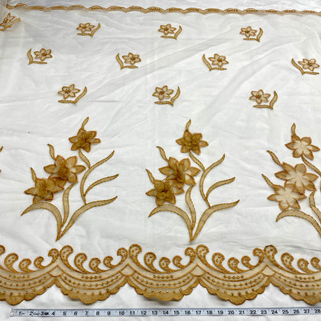 1 Yard Beaded 3D Floral Lace Fabric Embroidered on 100% Polyester Net Mesh Gold 52" Wide