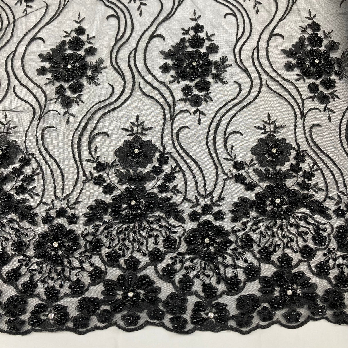 Beaded Lace Fabric on Polyester Net Mesh