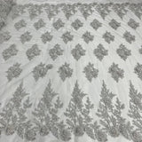 1 Yard Silver Beaded 3D Floral Lace Fabric Embroidered on Polyester Net Mesh Couture 52 Inch Width